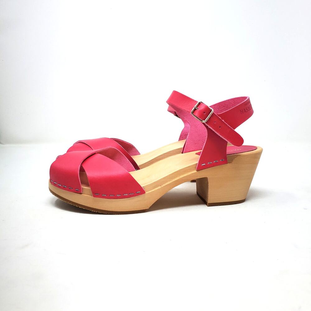 Swedish Hasbeens Mirja Heeled Clog Sandals Strappy Peep Toe Cherry Pink 41 US 11 - Picture 5 of 9